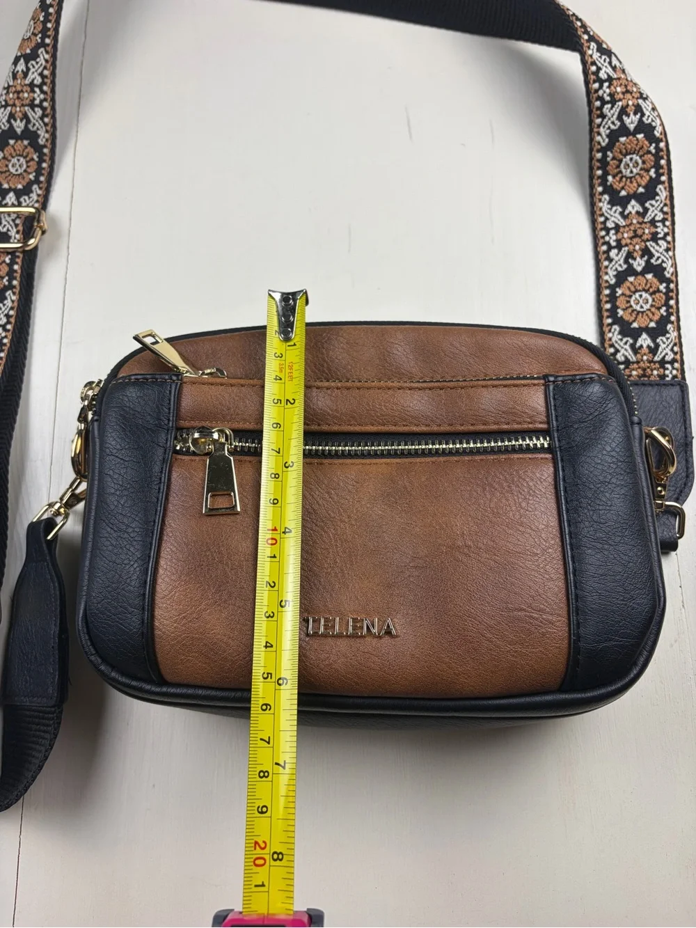 TELENA Two-Tone Brown & Black Crossbody with Patterned Strap